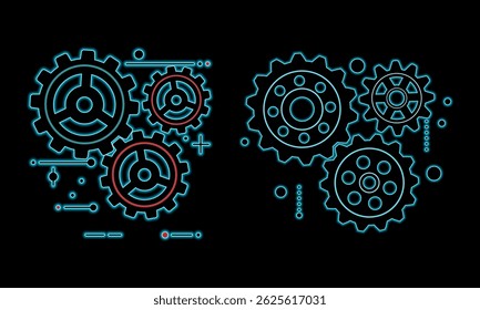 Mechanical gears. Cogwheel icon. Technological design with geometric elements symbolizing industry and engineering processes. Neon gear vector icon