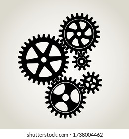 Mechanical gears & cogwheel set, large and small sprockets 5 pieces, Black Silhouette. Vector illustration.