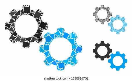 Mechanical gears mosaic of unequal items in variable sizes and color hues, based on mechanical gears icon. Vector tuberous items are united into collage.