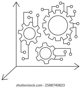 Mechanical gears with network nodes on coordinate axes system. Vector line art illustration featuring thin black strokes on transparent background. Editable stroke width for customization