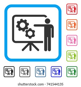 Mechanical Gears Project Board icon. Flat gray iconic symbol inside a light blue rounded rectangle. Black, gray, green, blue, red, orange color variants of Mechanical Gears Project Board vector.