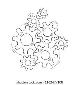 Mechanical gears vector sketch illustration. Cooperation concept hand drawn engine system with outline cog and gear signify human progress. Cogwheel graphic for pictogram template or web element