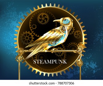 Mechanical golden bird with brass gears on turquoise steampunk background.
