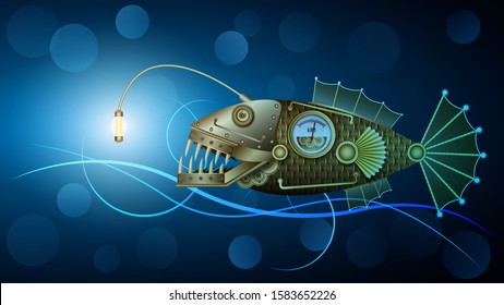 Mechanical golden metal fish with a flashlight under water, Steampunk. Monkfish or angler. Realistic vector illustration stock.