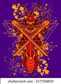 Mechanical grasshopper. Mech controlled by a pilot. Scratched metal armor robot. Mech Battle.