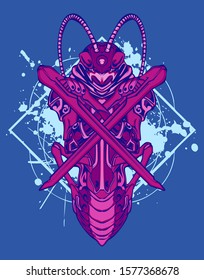 Mechanical grasshopper. Mech controlled by a pilot. Scratched metal armor robot. Mech Battle.
