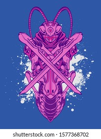 Mechanical grasshopper. Mech controlled by a pilot. Scratched metal armor robot. Mech Battle.