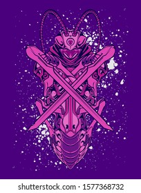 Mechanical grasshopper. Mech controlled by a pilot. Scratched metal armor robot. Mech Battle.