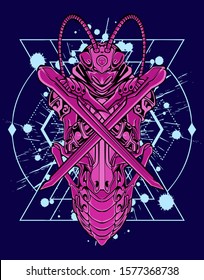 Mechanical grasshopper. Mech controlled by a pilot. Scratched metal armor robot. Mech Battle.