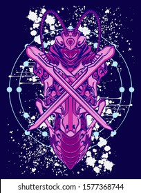 Mechanical grasshopper. Mech controlled by a pilot. Scratched metal armor robot. Mech Battle.