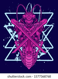 Mechanical grasshopper. Mech controlled by a pilot. Scratched metal armor robot. Mech Battle.