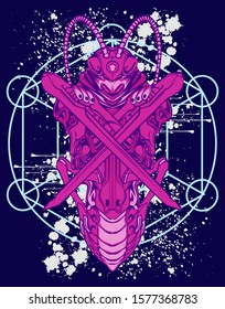 Mechanical grasshopper. Mech controlled by a pilot. Scratched metal armor robot. Mech Battle.