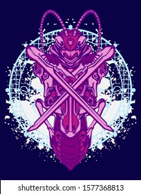 Mechanical grasshopper. Mech controlled by a pilot. Scratched metal armor robot. Mech Battle.