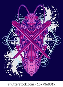 Mechanical grasshopper. Mech controlled by a pilot. Scratched metal armor robot. Mech Battle.