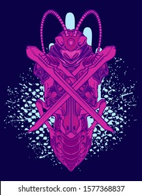 Mechanical grasshopper. Mech controlled by a pilot. Scratched metal armor robot. Mech Battle.