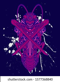 Mechanical grasshopper. Mech controlled by a pilot. Scratched metal armor robot. Mech Battle.