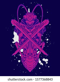 Mechanical grasshopper. Mech controlled by a pilot. Scratched metal armor robot. Mech Battle.