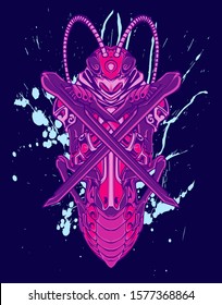 Mechanical grasshopper. Mech controlled by a pilot. Scratched metal armor robot. Mech Battle.