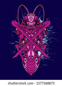 Mechanical grasshopper. Mech controlled by a pilot. Scratched metal armor robot. Mech Battle.
