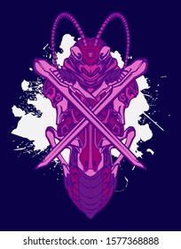 Mechanical grasshopper. Mech controlled by a pilot. Scratched metal armor robot. Mech Battle.
