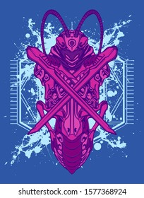 Mechanical grasshopper. Mech controlled by a pilot. Scratched metal armor robot. Mech Battle.