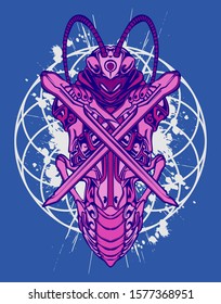 Mechanical grasshopper. Mech controlled by a pilot. Scratched metal armor robot. Mech Battle.