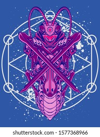 Mechanical grasshopper. Mech controlled by a pilot. Scratched metal armor robot. Mech Battle.