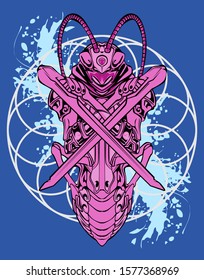 Mechanical grasshopper. Mech controlled by a pilot. Scratched metal armor robot. Mech Battle.