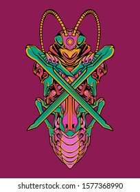 Mechanical grasshopper. Mech controlled by a pilot. Scratched metal armor robot. Mech Battle.