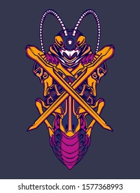 Mechanical grasshopper. Mech controlled by a pilot. Scratched metal armor robot. Mech Battle.