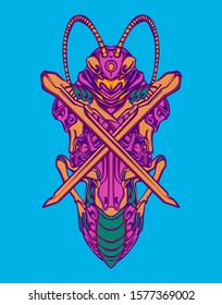 Mechanical grasshopper. Mech controlled by a pilot. Scratched metal armor robot. Mech Battle.