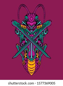 Mechanical grasshopper. Mech controlled by a pilot. Scratched metal armor robot. Mech Battle.