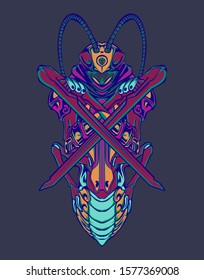 Mechanical grasshopper. Mech controlled by a pilot. Scratched metal armor robot. Mech Battle.