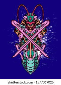 Mechanical grasshopper. Mech controlled by a pilot. Scratched metal armor robot. Mech Battle.
