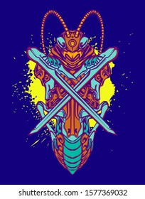 Mechanical grasshopper. Mech controlled by a pilot. Scratched metal armor robot. Mech Battle.