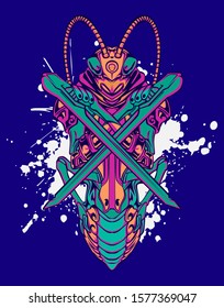 Mechanical grasshopper. Mech controlled by a pilot. Scratched metal armor robot. Mech Battle.
