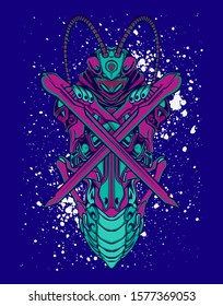 Mechanical grasshopper. Mech controlled by a pilot. Scratched metal armor robot. Mech Battle.