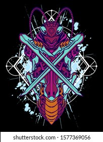 Mechanical grasshopper. Mech controlled by a pilot. Scratched metal armor robot. Mech Battle.