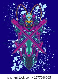 Mechanical grasshopper. Mech controlled by a pilot. Scratched metal armor robot. Mech Battle.