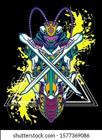 Mechanical grasshopper. Mech controlled by a pilot. Scratched metal armor robot. Mech Battle.