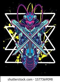 Mechanical grasshopper. Mech controlled by a pilot. Scratched metal armor robot. Mech Battle.