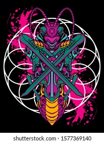 Mechanical grasshopper. Mech controlled by a pilot. Scratched metal armor robot. Mech Battle.
