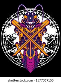 Mechanical grasshopper. Mech controlled by a pilot. Scratched metal armor robot. Mech Battle.