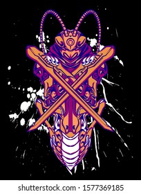 Mechanical grasshopper. Mech controlled by a pilot. Scratched metal armor robot. Mech Battle.