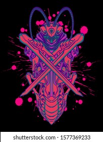 Mechanical grasshopper. Mech controlled by a pilot. Scratched metal armor robot. Mech Battle.