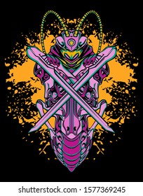 Mechanical grasshopper. Mech controlled by a pilot. Scratched metal armor robot. Mech Battle.