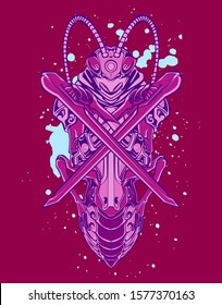 Mechanical grasshopper. Mech controlled by a pilot. Scratched metal armor robot. Mech Battle.