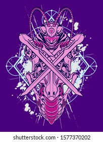 Mechanical grasshopper. Mech controlled by a pilot. Scratched metal armor robot. Mech Battle.