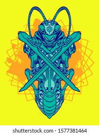 Mechanical grasshopper. Mech controlled by a pilot. Scratched metal armor robot. Mech Battle.
