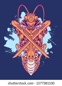 Mechanical grasshopper. Mech controlled by a pilot. Scratched metal armor robot. Mech Battle.